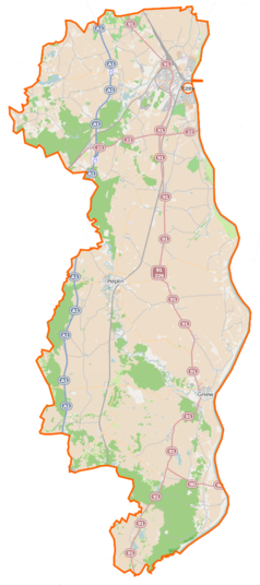 Mapa konturowa powiatu tczewskiego, u góry po prawej znajduje się punkt z opisem „Centrum Konserwacji Wraków Statków”
