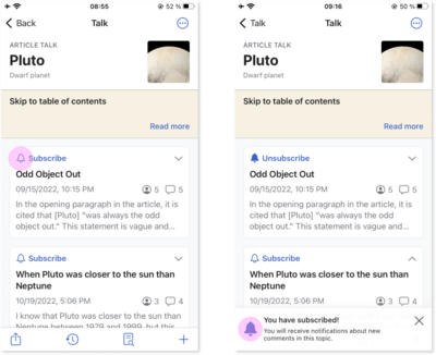 Two screenshots, on the left is the talk page for Pluto with the "Subscribe" option highlighted. On the right we the same page with a confirmation message "You have been subscribed".