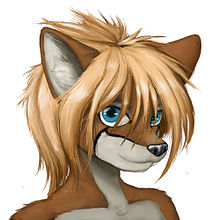 Die digitale Zeichnung zeigt einen anhand der braun-weißen Fellzeichnung und der Form der Ohren als Fuchs erkennbaren Tierkopf mit comicartig vergrößerten Augen und Ohren sowie einem blonden Haarschopf.