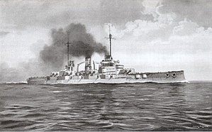 A large gray warship steams through calm seas, thick black smoke pours from two tall smoke stacks