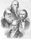 Οι τέσσερις μεγάλοι εξελικτικοί βιολόγοι του 19ου αιώνα, ο Ζαν Μπατίστ Λαμάρκ (πάνω, 1744-1829), ο Κάρολος Δαρβίνος (αριστερά, 1809-1882), ο Ερνστ Χέκελ (δεξιά, 1834-1919) και ο Ετιέν Ζοφρουά ντε Σεν Ιλέρ (κάτω, 1772-1844).