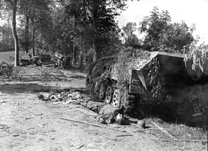 Німецька броньована техніка знищена ударами штурмовиків «Тайфун» союзної авіації в ході операції «Льєж». 7 серпня 1944