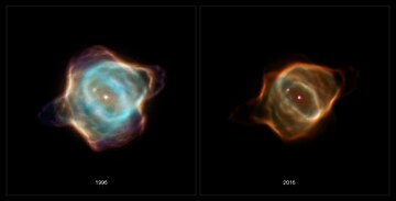 アカエイ星雲の通称で知られる惑星状星雲Hen 3-1357の、HSTが撮像した1996年 (WFPC2)と2016年 (WFC3) の比較画像。この20年間で急激に暗くなっていることがわかる。