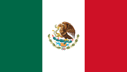 メキシコの国旗。湖の中央の岩に生えるサボテンに止まった蛇を咥えた鷹は、アステカ神話にある首都建設の予言から。