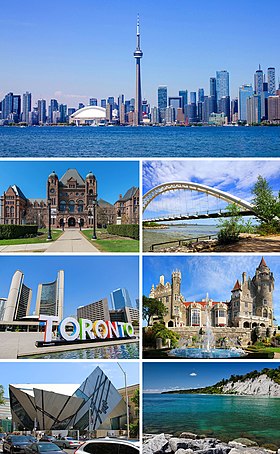 Do canto superior esquerdo:Vista de parte do centro de Toronto; Assembleia Legislativa de Ontário; Ponte Humber Bay Arch; Prefeitura de Toronto; Casa Loma; Museu Real de Ontário; Lago Ontário.