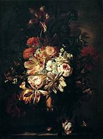 Flowers in a Bronze Vase label QS:Lfr,"Bouquet de fleurs dans un vase en bronze" label QS:Len,"Flowers in a Bronze Vase" label QS:Lpl,"Kwiaty w brązowym wazonie" label QS:Lnl,"Bloemen in een bronzen vaas" 1670. oil on canvas medium QS:P186,Q296955;P186,Q12321255,P518,Q861259 . 98.5 × 75 cm (38.7 × 29.5 in). Rome, Private collection institution QS:P195,Q768717 .