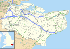Mapa konturowa Kentu, po prawej nieco na dole znajduje się punkt z opisem „Old Hawkinge”