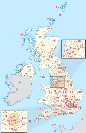 Map o wledydd Prydain gan ddangos ardaloedd codau post a'u ffiniau daearyddol ynghyd a dolennau i ardaloedd rhanbarthol.
