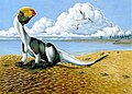 تصوير للبيئة الجوراسية المبكرة محفوظة في سانت جورج (يوتا) موقع اكتشاف الديناصورات في مزرعة جونسون، فيها دايلوفوصور ويثرلي يشبه الطائر وهو في وضعية الاستراحة.