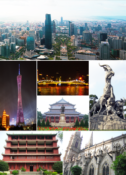 Frae top: Tianhe CBD, the Canton Tower & Chigang Pagoda, Haizhu Bridge, Sun Yat-sen Memorial Hall, Statue o Five Goats, Zhenhai Tower in Yuexiu Park, an Sacred Heart Cathedral.
