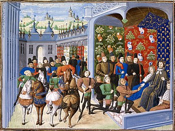 Charles VI et Isabeau de Bavière durant le traité de Troyes. Chroniques de Jean Froissart, British Library, Harley 4380, fo 40, vers 1470-1472.