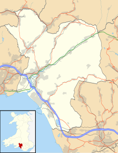 Mapa konturowa Neath Port Talbot, blisko centrum na lewo znajduje się punkt z opisem „Neath”