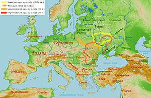 Cultura de Vilemberga (seta em laranja), suposta migração dos godos nos séculos II e III; Cultura de Cherniacove (linha em laranja) no século III e (linha vermelha) no século IV; Cultura de Quieve (linha amarela) nos séculos século III e IV.