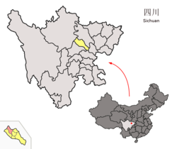 Location of Mianzhu City (red) within Deyang City (yellow) and Sichuan province