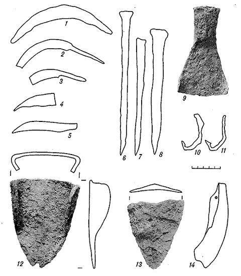 1-5 - сярпы (1 - раскоп VI, 2-5 - раскоп III); 6-8 - долаты (раскоп III); 9 - матыка (цясло?; раскоп VI); 10-11 - рыбалоўныя кручкі; 12-13 - наральнікі (раскоп VI); 14 - акоўка лапаты.