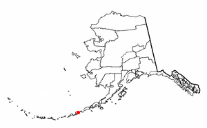 Alasca with Aleutian island chain (at bottom), Unalaska Island is marked.