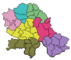 Distriktoj de Vojvodina: Okcidenta Baĉka (viola), Norda Baĉka (helblua), Suda Baĉka (flava), Suda Banato (blua), Norda Banato (verda), Meza Banato (ruĝa), Srem (bruna)