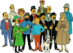 Tintin is standing amongst the main characters and others.