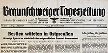 Zeitungsausschnitt mit Schlagzeile „Bestien wüteten in Ostpreußen“