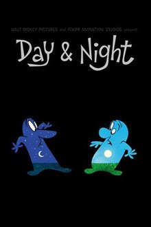 The poster for the Pixar short animated film "Day & Night". At the top, text reads "Walt Disney Pictures and Pixar present Day & Night". Beneath the text, two hand drawn cartoon characters are pictured. They are both male. The one on the left has an image of nighttime (moon and stars) inside him, and the man on the right has an image of daytime (sun and blue sky) inside him. They both look surprised to see each other.