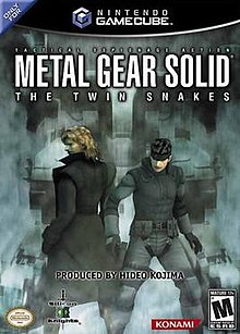Solid Snake and Liquid Snake stand back-to-back in front of Metal Gear REX.
