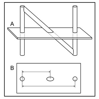 Figure 1. Depiction of the N-localizer and its intersection with the tomographic image plane. (A) Side view of the N-localizer. The tomographic image plane intersects two vertical rods and one diagonal rod. (B) Tomographic image. The intersection of the tomographic image plane with the N-localizer creates two fiducial circles and one fiducial ellipse. The relative spacing between the ellipse and the two circles varies with the height at which the tomographic image plane intersects the diagonal rod.