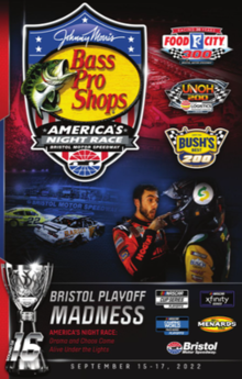 The 2022 Bass Pro Shops Night Race program cover, commemorating the 2021 Food City 300 finish and the post-race alteration between Kevin Harvick and Chase Elliott from last year's race.