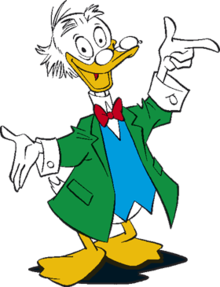 An anthropomorphized duck wearing an overcoat and bowtie, smiling and pointing to the sky