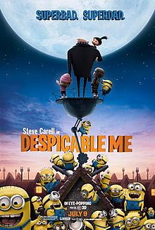 Gru standing with his girls atop a platform on the roof viewing the moon in the background, while the Minions are playfully scattered along the same roof.