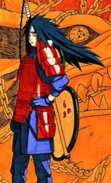 A long-haired male character wearing purple clothing underneath a red armor