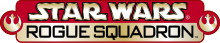 Star Wars: Rogue Squadron est inscrit sur deux lignes en lettres de couleur noir et or sur fond rouge et or.
