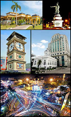 Dari kiri atas searah jarum jam: Istana Maimun, Monumen Guru Patimpus Sembiring Pelawi, Balai Kota Lama, kawasan Masjid Raya Al Mashun, dan Tugu SIB.