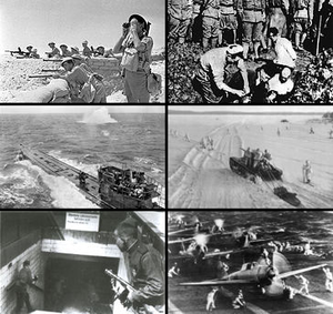 डावीकडून: वाळवंटात कॉमनवेल्थचे सैन्य; जपानी सैनिक चिनी नागरिकांना जिवंत पुरताना; अंतर्गत बंडाळीमध्ये रशियन सैन्य; जपानी युद्ध विमाने; बर्लिनमध्ये रशियन सैन्य; एक जर्मन पाणबुडी.