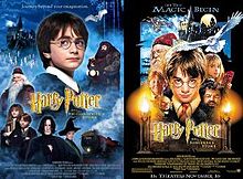 Two posters, one with photographs and the other hand-drawn, both depicting a young boy with glasses, an old man with glasses, a youosopher's Stone". The right poster has a long-nosed goblin and blowtorches, with the title "Harry Potter and the Sorcerer's Stone".