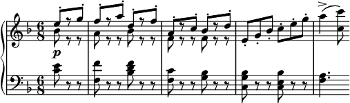 
\version "2.18.2"
\header {
  tagline = ##f
}
upper = \relative c'' {
  \clef treble 
  \key f \major
  \time 6/8
  \tempo 4. = 178 % ± d'après Callas/Votto/RAI 1952
  \tempo "Allegro vivacissimo"
  %\autoBeamOff
 \set Staff.midiInstrument = #"acoustic grand"

  << { e8-.[ r8 g-.] | f-.[ r8 a-.] d,-.[ r8 f-.] | a,-.[ r8 c-.] bes-.[ r8 d-.] } \\ { bes8\p r8 r8  a8 r8 r8  bes8 r8 r8  f8 r8 r8  f8 r8 r8  } >>
  e-. g-. bes-. c-. e-. g-. a4->( < c, c' >8)

}

lower = \relative c' {
  \clef bass
  \key f \major
  \time 6/8
\set Staff.midiInstrument = #"acoustic grand"
    
   \partial 4. < c e >8 r8 r8 < f f, >8 r8 r8 < bes, d f >8 r8 r8 < f c' >8 r8 r8 < g bes >8 r8 r8 < c, g' bes >8 r8 r8 < c e bes' >8 r8 r8 < f a >4.
   
} 

\score {
  \new PianoStaff <<
    \set PianoStaff.instrumentName = #""
    \new Staff = "upper" \upper
    \new Staff = "lower" \lower
  >>
  \layout {
    \context {
      \Score
      \remove "Metronome_mark_engraver"
    }
  }
  \midi { }
}
