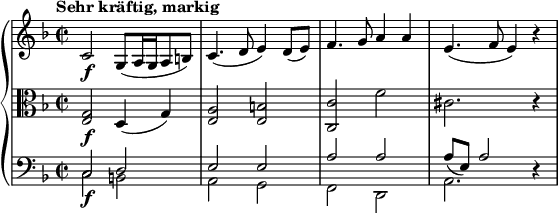
\relative c' {
  \new PianoStaff <<
    \new Staff {
      \set Staff.midiInstrument = #"string ensemble 1" \key f \major \clef treble \time 2/2 \set Score.tempoHideNote = ##t \tempo "Sehr kräftig, markig" 2 = 22
      c2 \f g8( a16 g16 a8 b8 ) |
      c4.( d8 e4 ) d8( e8) |
      f4. g8 a4 a4 |
      e4.( f8 e4 ) r4 |
    }
  \new Staff {
      \set Staff.midiInstrument = #"string ensemble 1" \key f \major \clef alto \time 2/2 
      <g, e>2 \f d4( g4 ) |
      <a e>2 <b e,>2 |
      <c, c'>2 f'2 |
      cis2. r4 |
    }
    \new Staff <<
      \new Voice {
        \set Staff.midiInstrument = #"string ensemble 1" \stemDown \clef bass \key f \major \time 2/2
        c,2 \f b2 |
        a2 g2 |
        f2 d2 |
        a'2. s4 |
      }
      \new Voice {
        \stemUp
        c2 d2 |
        e2 e2 |
        a2 a2 |
        a8 ( e8) a2 r4 |
      }
    >>
  >>
}
