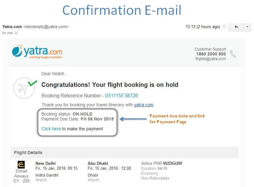 Confirmation email - Flight Booking on Hold
