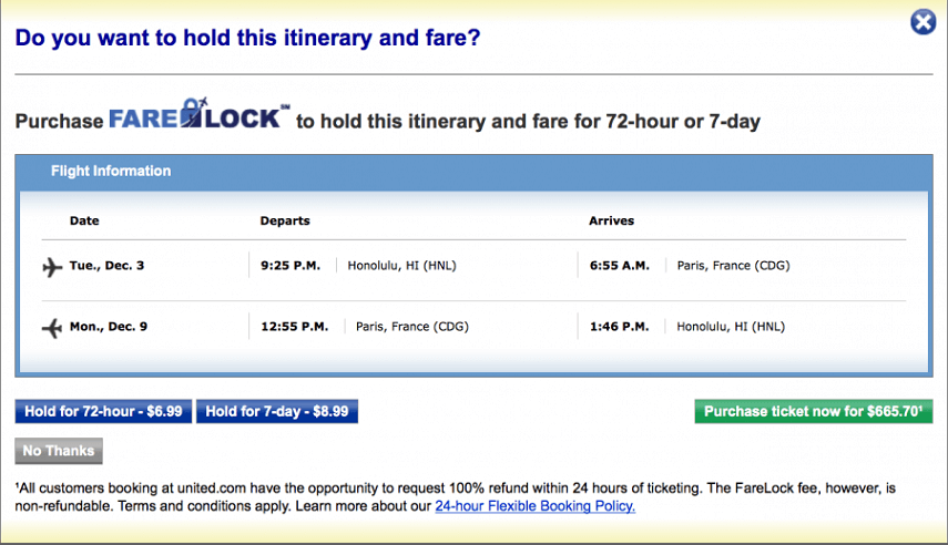 Holding the Itinerary for up to 7 days by Purchasing FareLock from United Airlines
