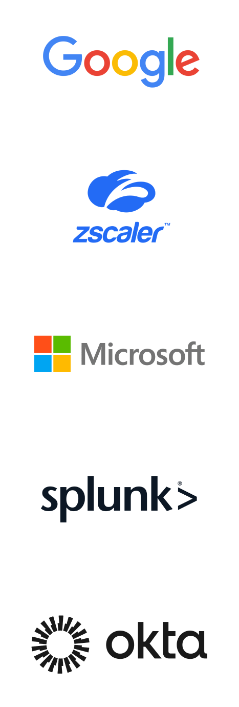 Microsoft, Splunk, Okta, Google, Zscaler 로고
