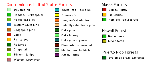 map legend for Forest Resources of the United States map 