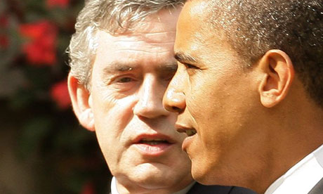 Barack Obama meets Gordon Brown in the garden at 10 Downing Street