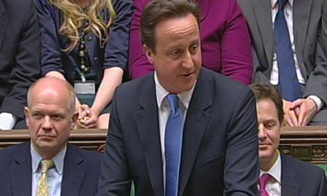 David Cameron in the Commons for the first time as prime minister with William Hague, Nick Clegg