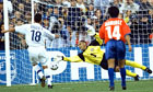 Roberto Baggios scores from the spot for Italy against Chile in 1998