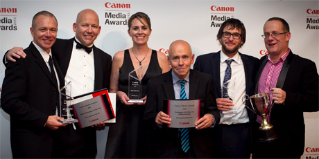 New Zealand Herald winners (from left) Rob Cox, Shayne Curry, Cathy O'Sullivan, John Armstrong, Richard Robinson and David Fisher. Canon Media Awards 2013. Photo / Natalie Slade