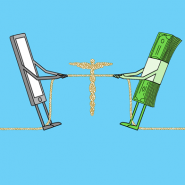 illustration of smart phone and wad of money in tug of war