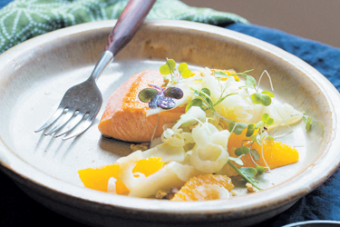 Salmon with a salad of shaved fennel bulb, pears and oranges