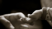 Adult hand hold a baby's fingers, black and white generic