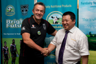 Warriors chief executive Wayne Scurrah and Fernbaby managing director Tianxi Shao at the announcement of the Warriors' new sponsorship deal. Photo / Brett Phibbs