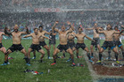 All Black Sevens skipper DJ Forbes (left) leads the haka as the New Zealanders celebrate winning the "Rugby World Cup of the world series". Photo / AP