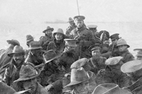 Soldiers being taken in a boat to Anzac Cove on 25 April 1915. Image number A02781